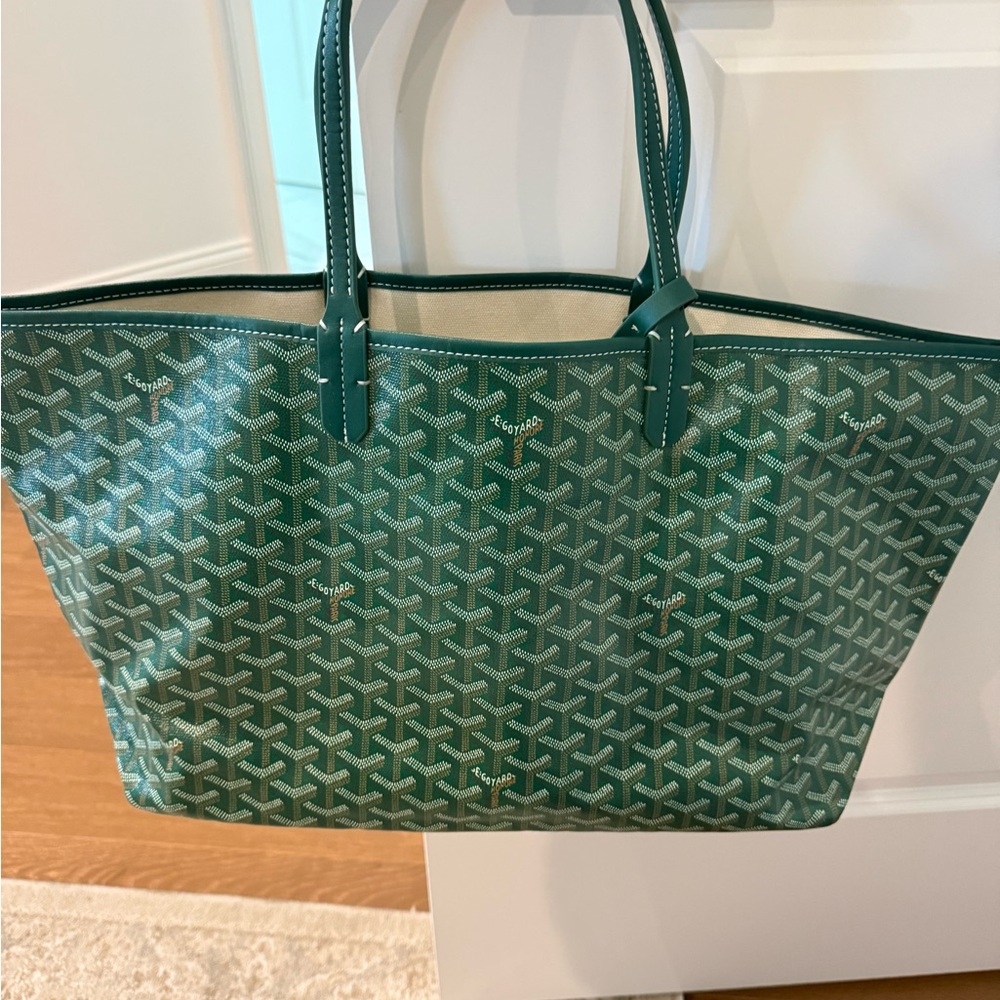 Green Patterned Tote Bag with Leather Trim